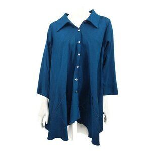 Margaret Winters Blouse Womens Small Teal Raw Silk Lagenlook Button Front Top